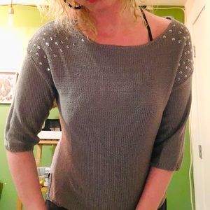 Bedazzled studded shoulder 3/4 sleeve sweater